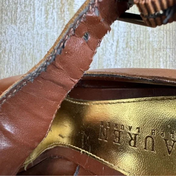 Ralph Lauren Hannie Brown T Strap‎ Peep Toe Wedge Sandals Leather Sz 8.5 - Picture 8 of 16